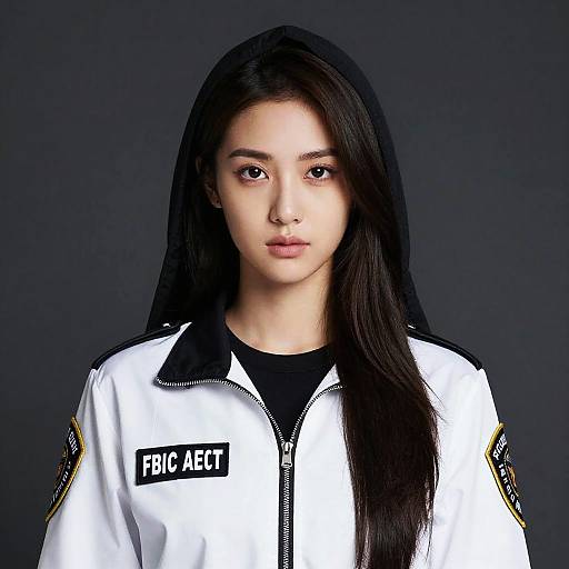 Photograph of a young woman with long black hair, wearing a white military-style jacket with black collar and sleeves, black shirt underneath, and 