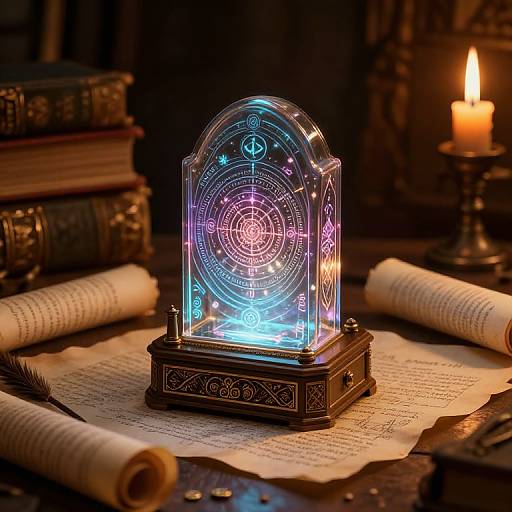 Photograph of a glowing, magical crystal orb with blue and purple runes, on a wooden stand, surrounded by old books, rolled parchment, and a