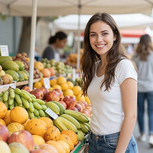 Photograph of a smiling brunette woman in white shirt and jeans, standing at a vibrant outdoor market stall filled with colorful fruits.