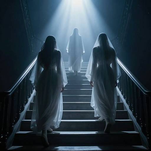 Photograph of three ghostly, robed figures with veils ascending dark, illuminated stairs, bathed in ethereal blue light, creating a mysterious