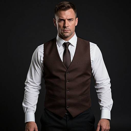 Photograph of a stern-faced, muscular man with short dark hair, wearing a white shirt, black vest, and tie, against a black background.
