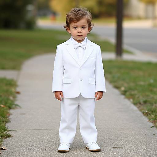 Photograph of a serious young boy with curly brown hair, wearing a white suit, white shirt, and white shoes, standing on a sidewalk in a