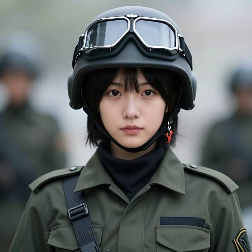 Photograph of an Asian woman in a military-style green uniform and black helmet with goggles, standing in front of blurred, indistinct soldiers.