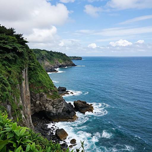 Photograph of a lush, green cliffside overlooking a vibrant blue ocean with white waves crashing against rocky shores under a partly cloudy sky.