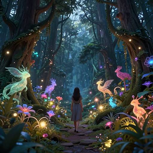Digital artwork: Enchanted forest with glowing luminescent flowers, colorful mythical creatures, and fairy lights. A girl in a white dress walks down