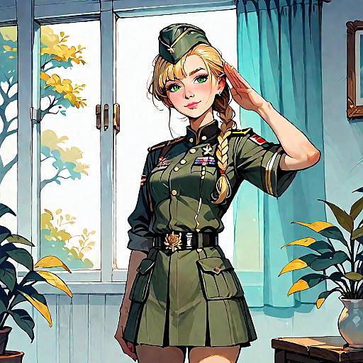 Anime Style Woman in Soviet Military Uniform Saluting