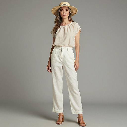 Photograph of a slender woman with long brown hair, wearing a straw hat, white blouse, high-waisted white pants, and brown sandals,