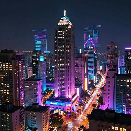 Neon-lit nighttime cityscape photograph of a bustling urban skyline with glowing skyscrapers, brightly illuminated streets, and vibrant blue, purple, and