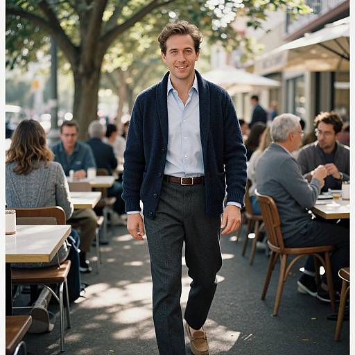 Photograph of a smiling young man in a navy blazer, white shirt, and gray pants walking through a sunlit outdoor café, with seated patrons