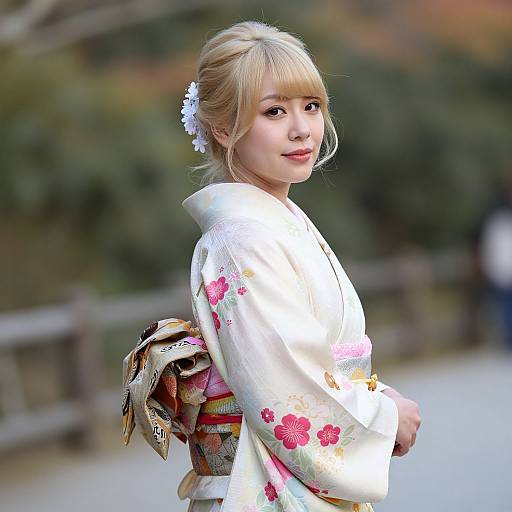 Photograph of a blonde Asian woman in a white kimono with pink floral patterns, white hair flower accessory, and a colorful obi, smiling outdoors