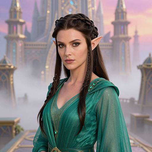 Digital artwork of an elf woman with long braided black hair, pointed ears, and green dress, standing in front of a misty, medieval castle