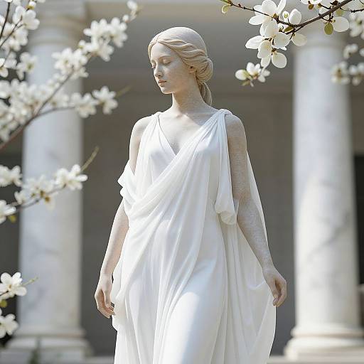 Photograph of a white marble statue of a serene, blonde-haired woman in a flowing, classical Greek-style dress, surrounded by blooming cherry blossoms
