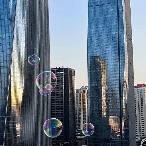 Photograph of a cityscape with tall, reflective skyscrapers, featuring colorful, iridescent soap bubbles floating in the foreground.