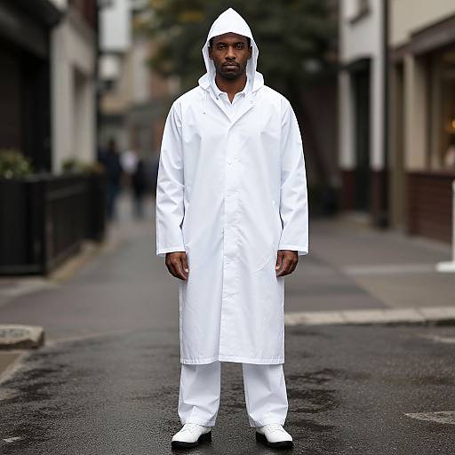 Man in White Raincoat on Street