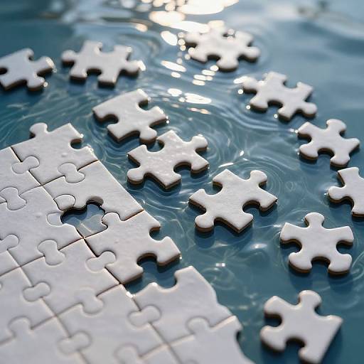 Photograph of white puzzle pieces on a blue, reflective surface with water ripples, some pieces partially submerged, creating a sense of incomplete connection.