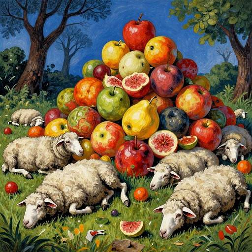 Digital painting of four sleeping sheep around a colorful, pyramid-shaped pile of sliced fruits, set in a lush, blue-sky forest.
