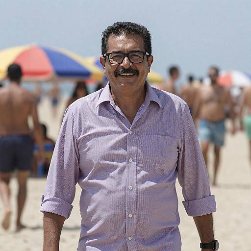 Middle-Aged Man Smiling on Crowded Beach