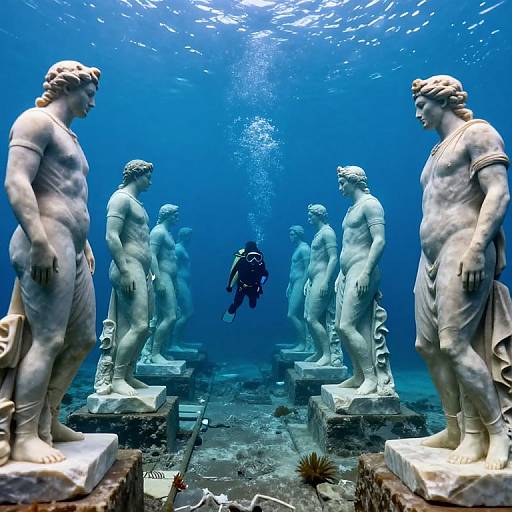 Photograph of an underwater scene featuring eight classical marble statues, surrounded by fish and a scuba diver, with sunlight filtering from above.