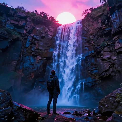 Photograph of a person standing at the base of a vibrant, neon-pink sunset-lit waterfall, surrounded by dark, rocky cliffs.