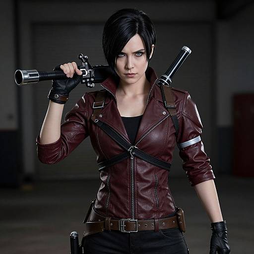 Photorealistic CGI of a serious, black-haired woman in a maroon leather jacket, black gloves, holding a pistol over her shoulder, with a
