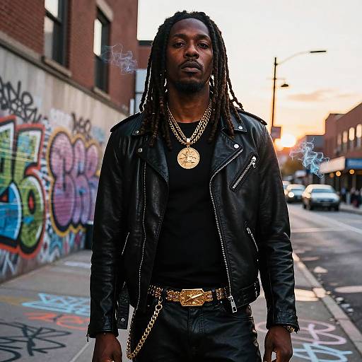 Photograph of a black man with dreadlocks, wearing a black leather jacket, black shirt, gold chain, and belt, standing on a graffiti-covered
