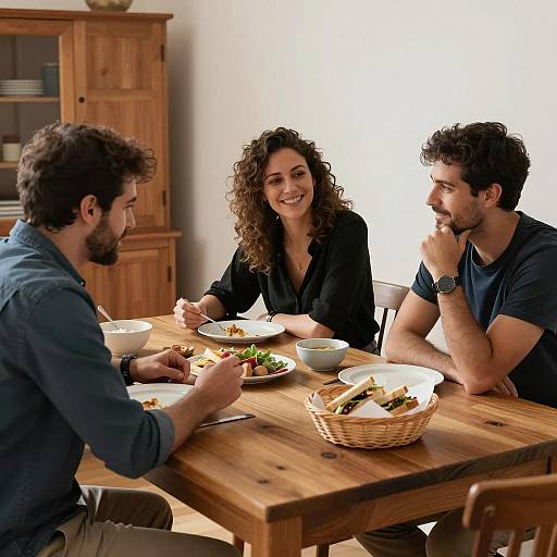 Three Adults Enjoying Meal at Wooden Dining Table
