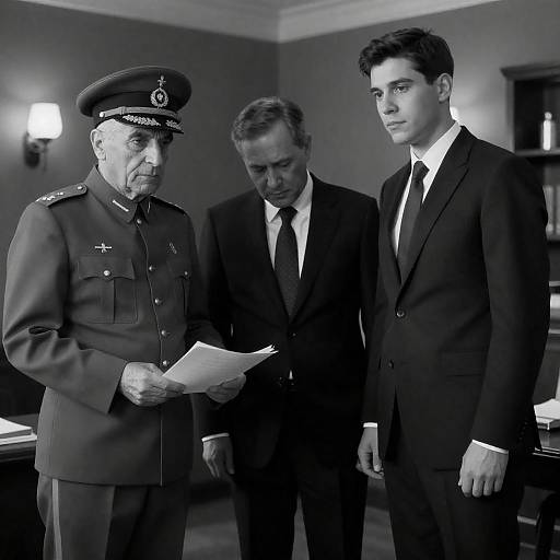 Black and White Photo of Men in Military and Formal Attire