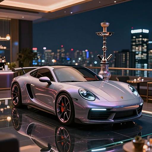 Photograph of a silver Porsche 911 with red brake calipers, parked on a glossy rooftop, illuminated by city lights at night, with a hook