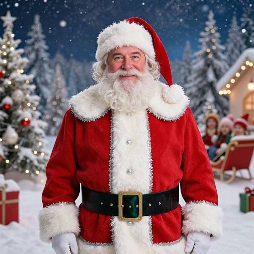 Photograph of a smiling Santa Claus with a white beard, red and white coat, black belt, in a snowy, festive forest.