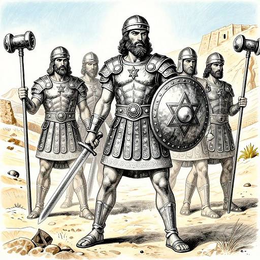 Illustration of four muscular ancient Greek warriors in armor, one with a shield and sword in front, three with spears, standing in a desert with