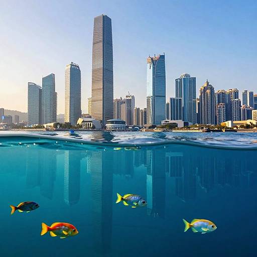 Sunlit Skyscrapers Over Tranquil Ocean