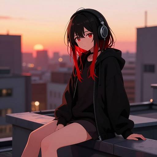 Anime-style digital drawing of a black-haired girl with red eyes and red-tipped hair, wearing a black hoodie and headphones, sitting on a rooftop at