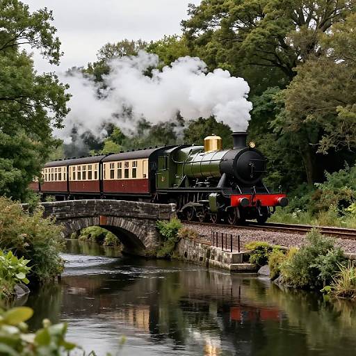 Vintage steam train with white smoke crossing a stone arched bridge over a reflective river, surrounded by lush green trees. Photographic image.