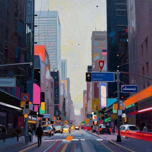 Digital painting of a vibrant, neon-lit urban street at dusk, featuring colorful signage, moving cars, and pedestrians, with tall buildings flanking both