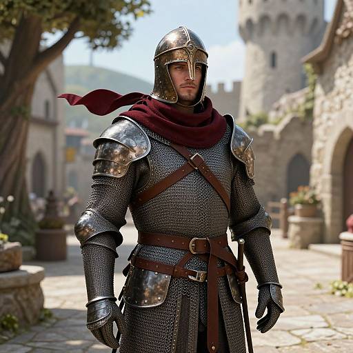 Noble Medieval Warrior in Sunlit Courtyard