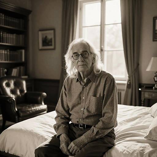 Black-and-white photograph of an elderly woman with glasses, white hair, wearing a checkered shirt, sitting on a bed in a sunlit, book