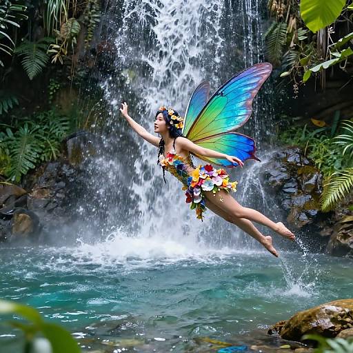 Photograph of a fairy-like woman with colorful butterfly wings, flower lei, and tropical foliage, diving into a waterfall pool.