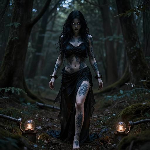 Digital art of a tattooed, dark-haired woman in a black, tattered dress, walking through a dimly lit forest with glowing lanterns.
