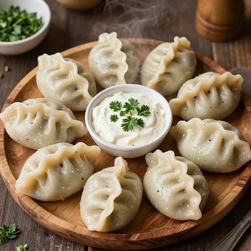 Photograph of a wooden platter with nine steamed, cream-colored dumplings arranged around a white bowl of creamy dipping sauce, garnished with parsley