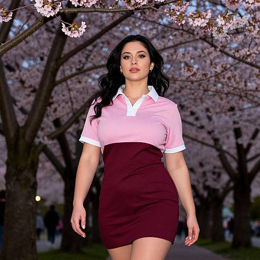 Pear-Shaped Woman Strolling in Cherry Blossoms