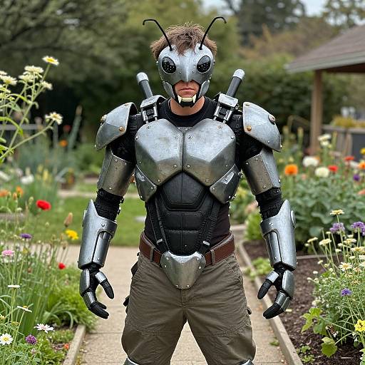 Photograph of a man in silver robotic armor with insect-like helmet, brown pants, standing in a colorful garden path.