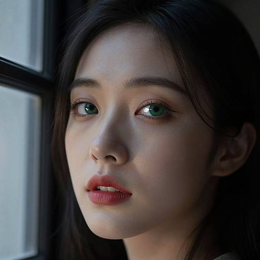 Photograph of an East Asian woman with fair skin, dark brown hair, and green eyes, gazing thoughtfully out a window, soft natural light
