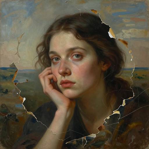 Digital artwork of a pensive young woman with fair skin and brown hair, cracked frame effect, soft pastel colors, and a melancholic expression.