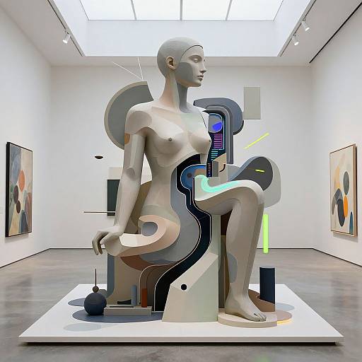 Photograph of a modern, abstract sculpture in a white-walled gallery, featuring a nude, bald, female figure with futuristic, geometric elements.