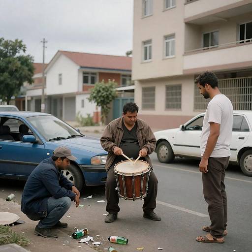 Men on Urban Street with Drum and Broken Bottles