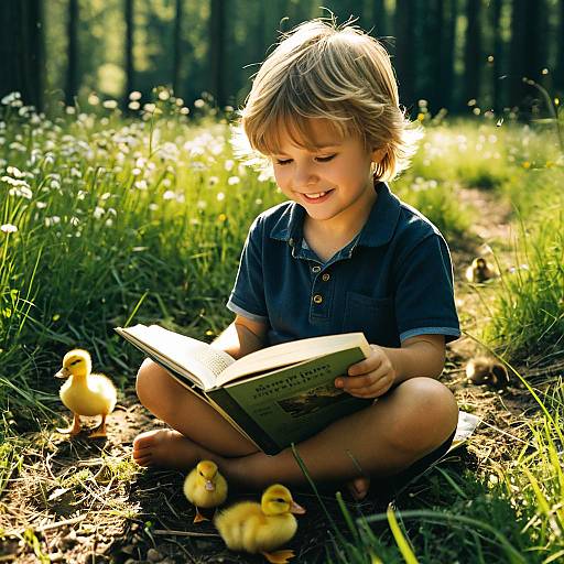 Boy Reading to Ducklings in Meadow
