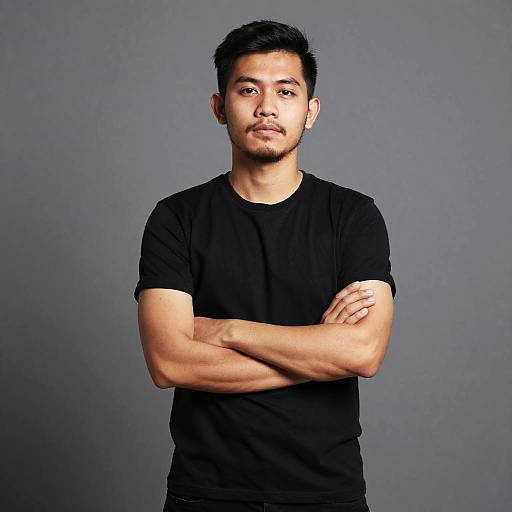 Photograph of a young Asian man with short black hair, light brown skin, and a trimmed beard, wearing a black t-shirt, standing with arms