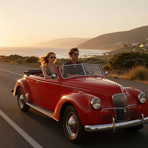 Photograph of a stylish couple in a vibrant red classic convertible, driving along a coastal road during sunset, with mountains and ocean in the background.