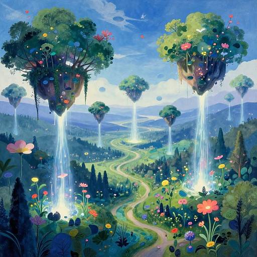 Surreal Floating Valley with Radiant Streams