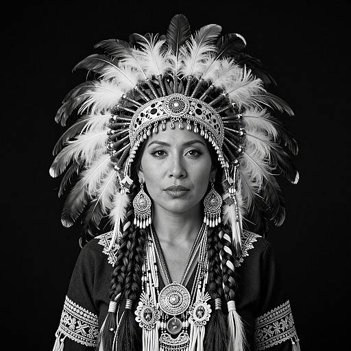 Black-and-white photograph of an Indigenous woman wearing an elaborate feathered headdress adorned with intricate beadwork and jewelry against a dark background.